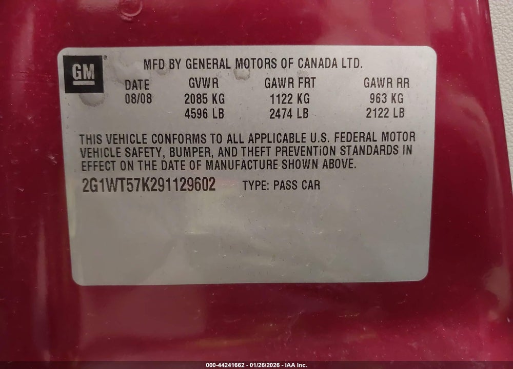 2009 CHEVROLET IMPALA LT VIN: 2G1WT57K291129602