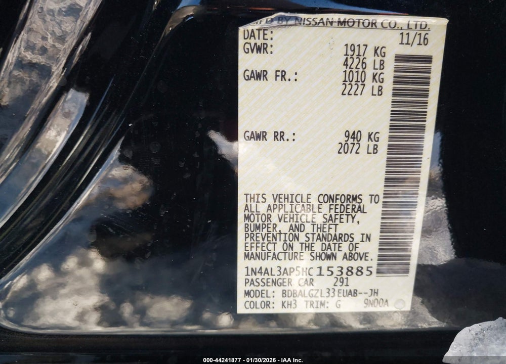 2017 NISSAN ALTIMA 2.5 S VIN: 1N4AL3AP5HC153885