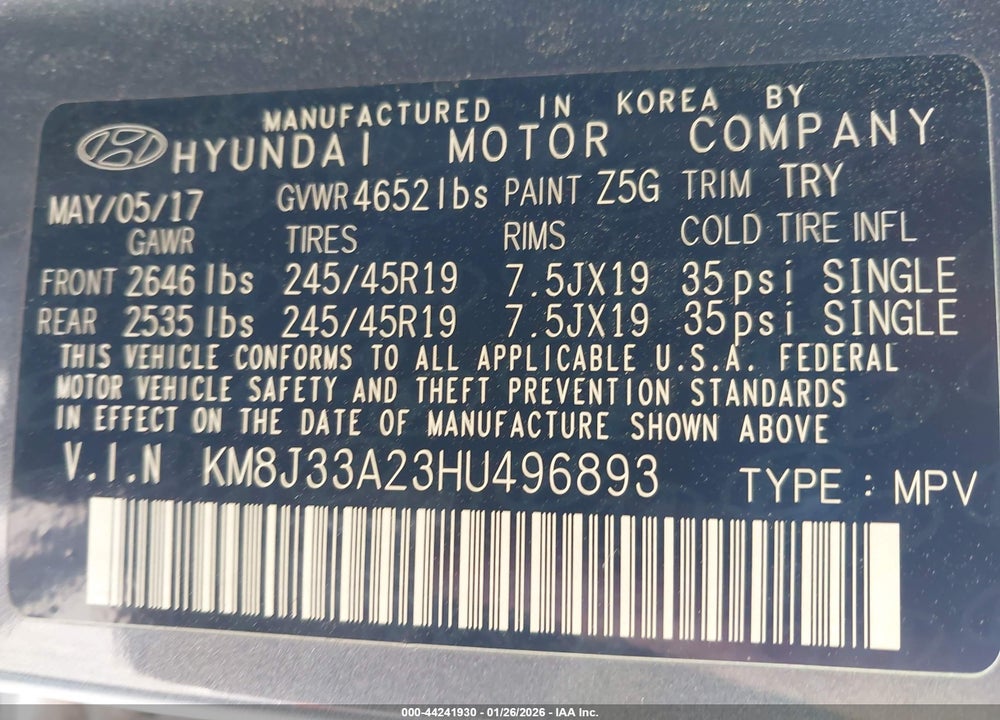 2017 HYUNDAI TUCSON SPORT VIN: KM8J33A23HU496893