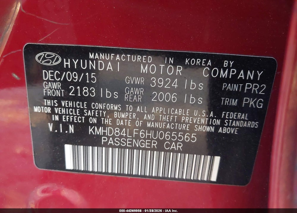 2017 HYUNDAI ELANTRA SE VIN: KMHD84LF6HU065565