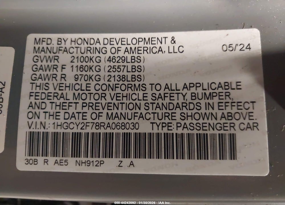 2024 HONDA ACCORD HYBRID SPORT-L VIN: 1HGCY2F78RA068030