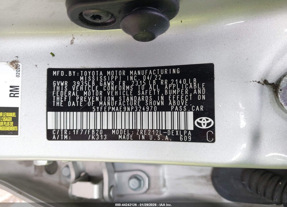 2022 TOYOTA COROLLA LE VIN: 5YFEPMAE9NP324970