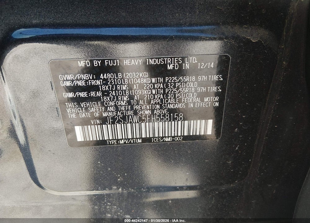2015 SUBARU FORESTER 2.5I TOURING VIN: JF2SJAWC5FH558158