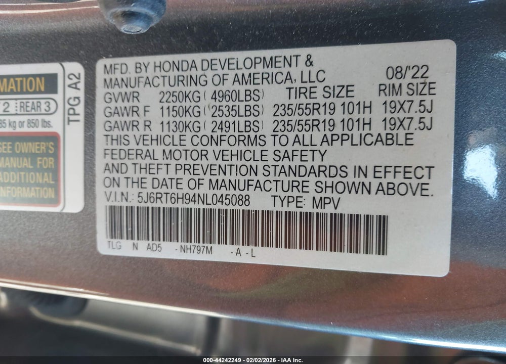 2022 HONDA CR-V HYBRID TOURING VIN: 5J6RT6H94NL045088