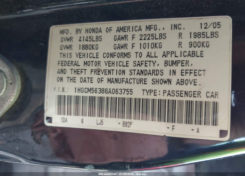2006 HONDA ACCORD 2.4 SE VIN: 1HGCM56386A063755