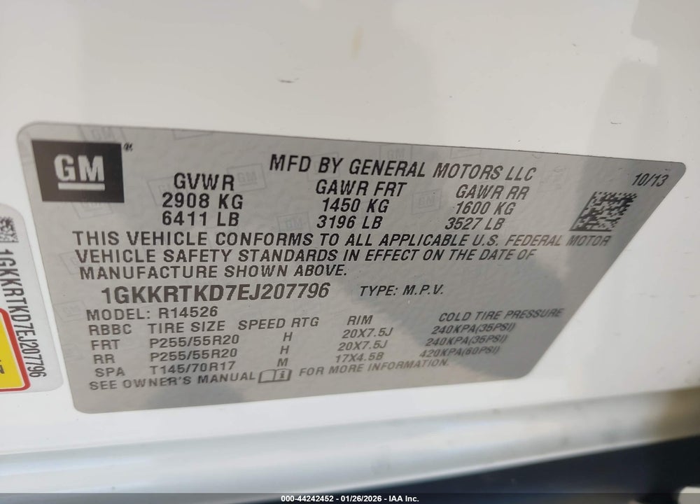 2014 GMC ACADIA DENALI VIN: 1GKKRTKD7EJ207796
