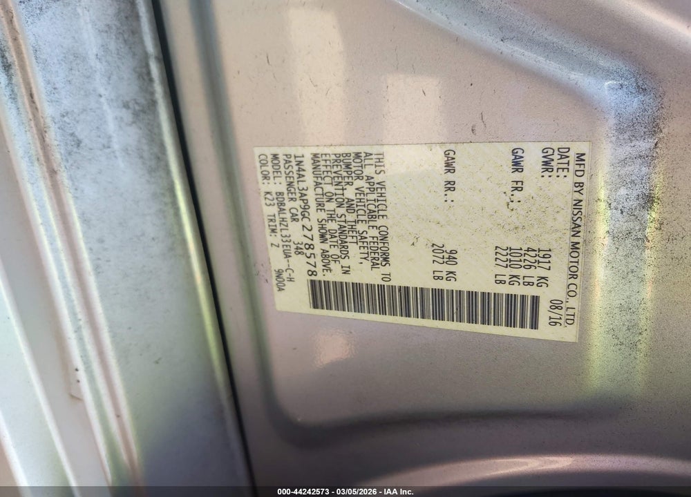 2016 NISSAN ALTIMA 2.5 SR VIN: 1N4AL3AP9GC278578