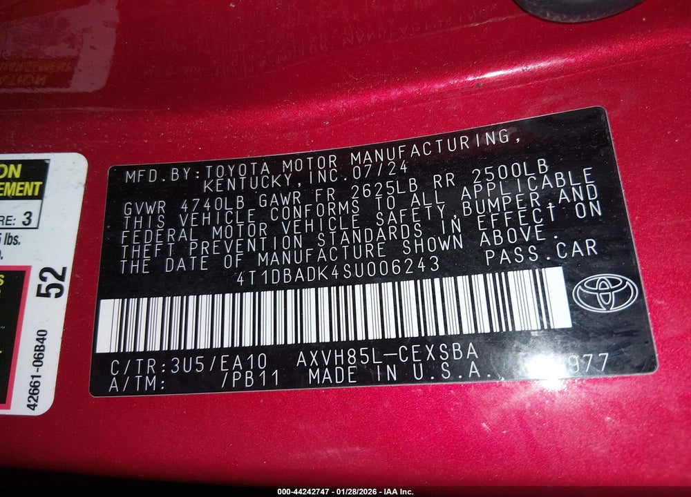 2025 TOYOTA CAMRY SE VIN: 4T1DBADK4SU006243