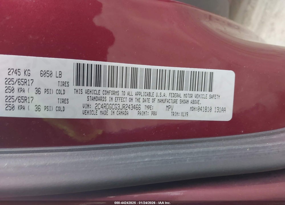 2018 DODGE GRAND CARAVAN SXT VIN: 2C4RDGCG3JR243466