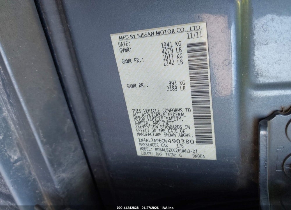 2012 NISSAN ALTIMA 2.5 S VIN: 1N4AL2AP6CN490380