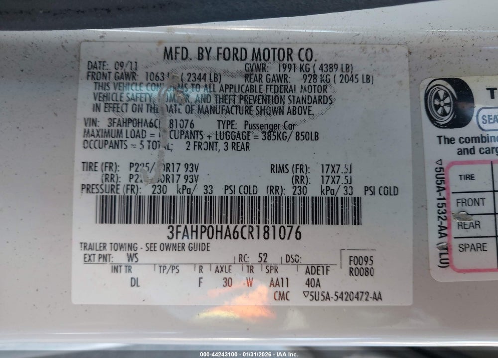 2012 FORD FUSION SE VIN: 3FAHP0HA6CR181076