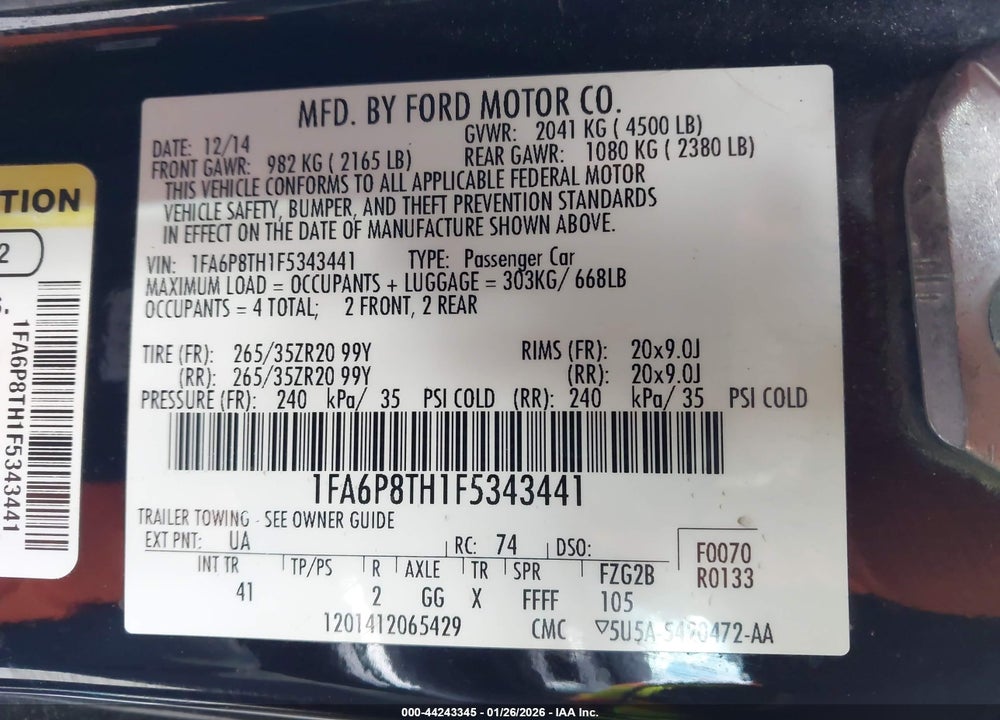 2015 FORD MUSTANG ECOBOOST VIN: 1FA6P8TH1F5343441