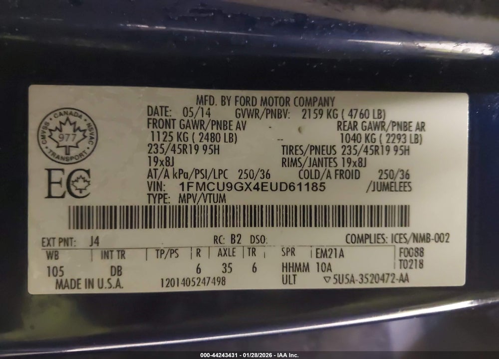 2014 FORD ESCAPE SE VIN: 1FMCU9GX4EUD61185