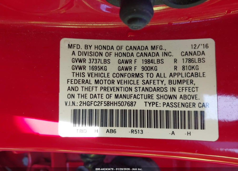 2017 HONDA CIVIC LX VIN: 2HGFC2F58HH507687