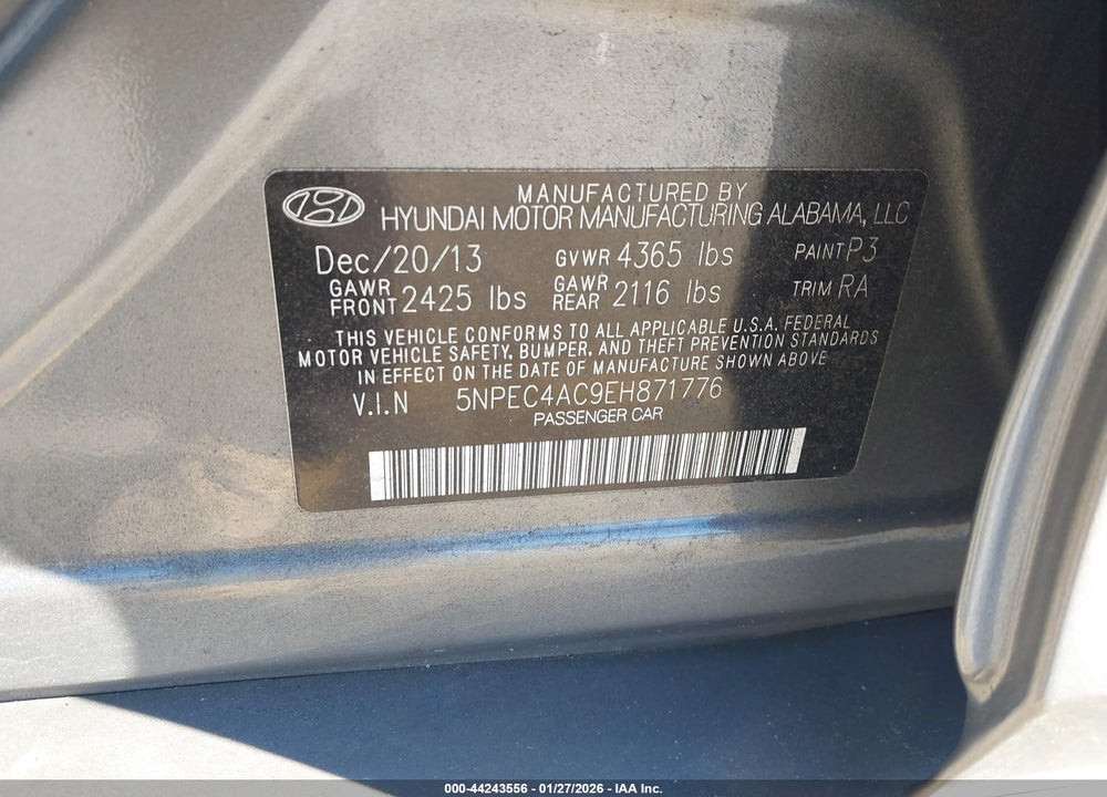 2014 HYUNDAI SONATA SE VIN: 5NPEC4AC9EH871776