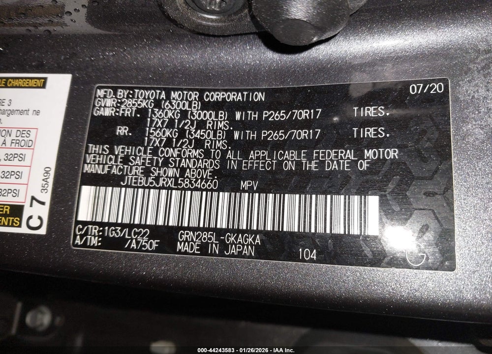 2020 TOYOTA 4RUNNER TRD OFF ROAD PREMIUM VIN: JTEBU5JRXL5834660