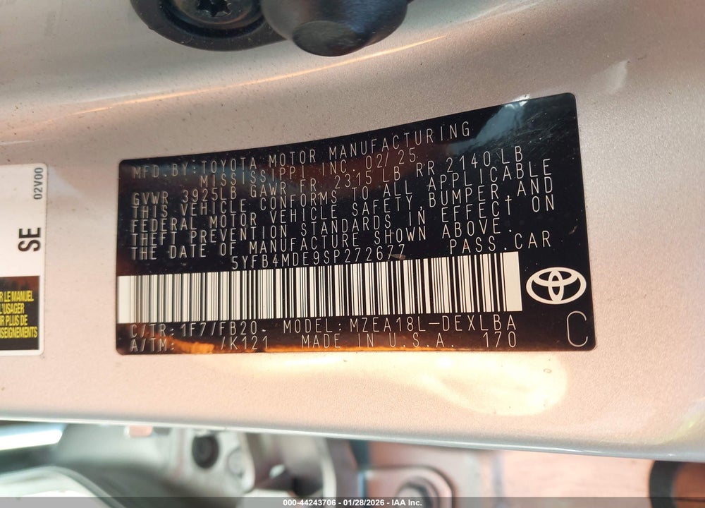 2025 TOYOTA COROLLA LE VIN: 5YFB4MDE9SP272677