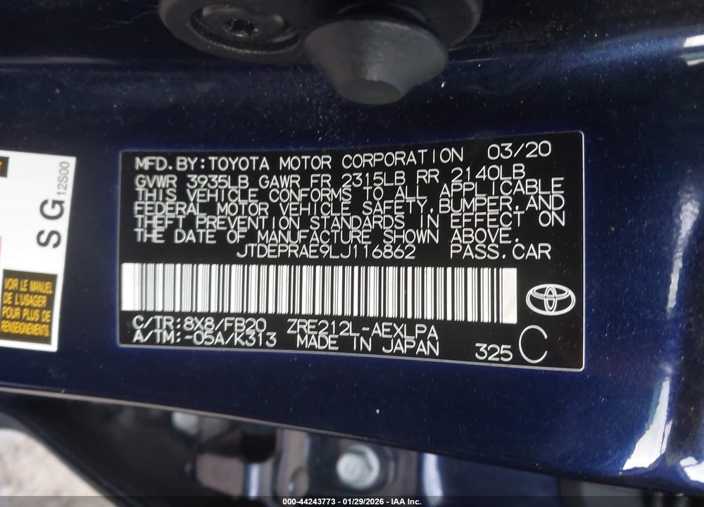 2020 TOYOTA COROLLA LE VIN: JTDEPRAE9LJ116862