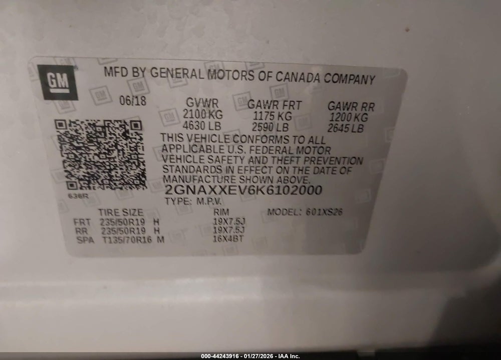 2019 CHEVROLET EQUINOX PREMIER VIN: 2GNAXXEV6K6102000