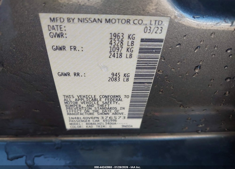 2023 NISSAN ALTIMA SV FWD VIN: 1N4BL4DV6PN376573