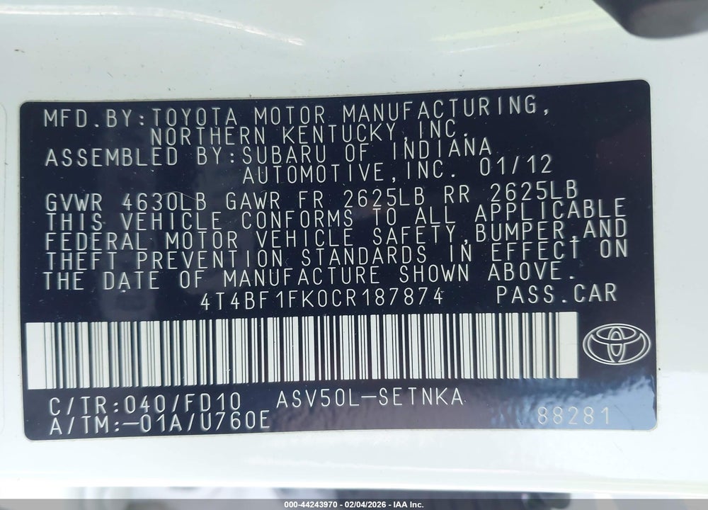 2012 TOYOTA CAMRY LE VIN: 4T4BF1FK0CR187874