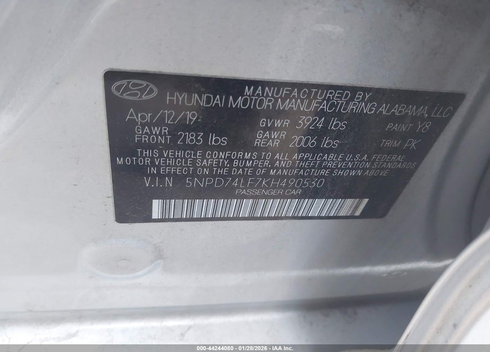 2019 HYUNDAI ELANTRA SE VIN: 5NPD74LF7KH490530