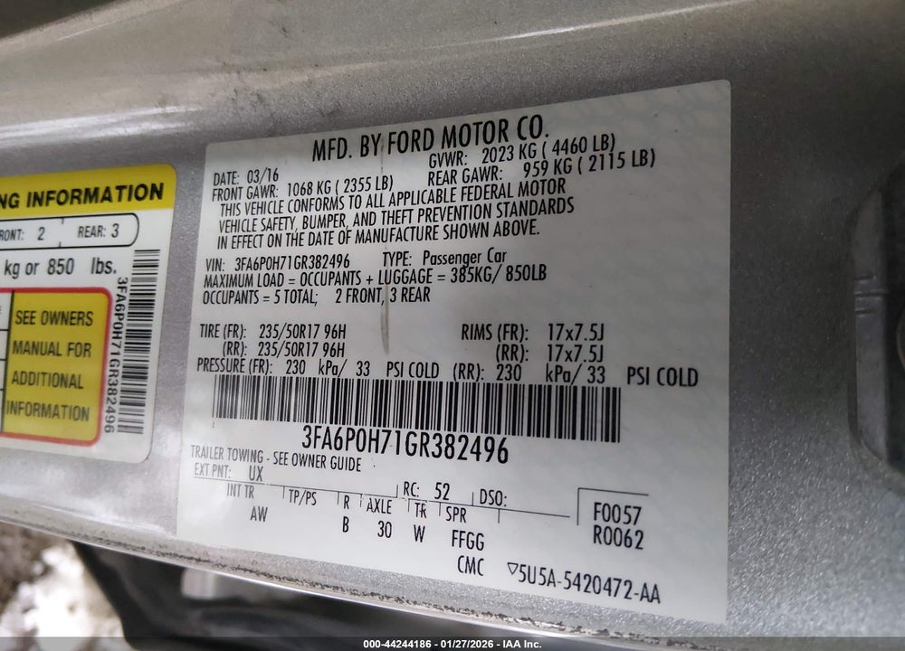 2016 FORD FUSION SE VIN: 3FA6P0H71GR382496