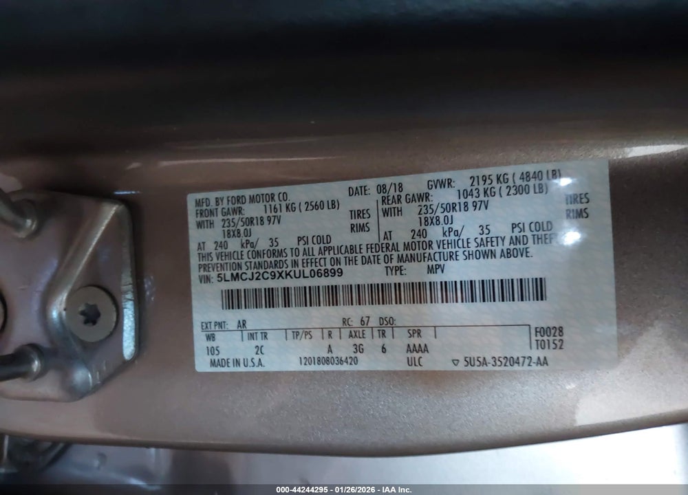 2019 LINCOLN MKC SELECT VIN: 5LMCJ2C9XKUL06899