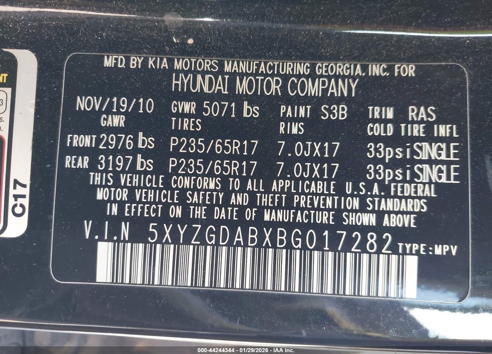 2011 HYUNDAI SANTA FE GLS VIN: 5XYZGDABXBG017282