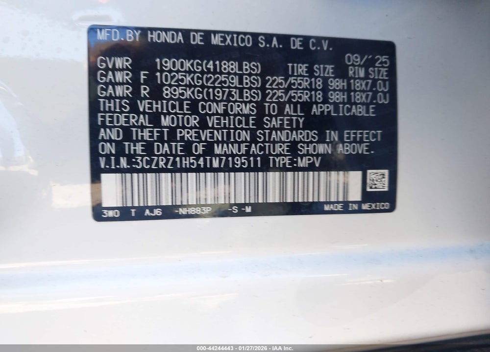 2026 HONDA HR-V 2WD SPORT VIN: 3CZRZ1H54TM719511