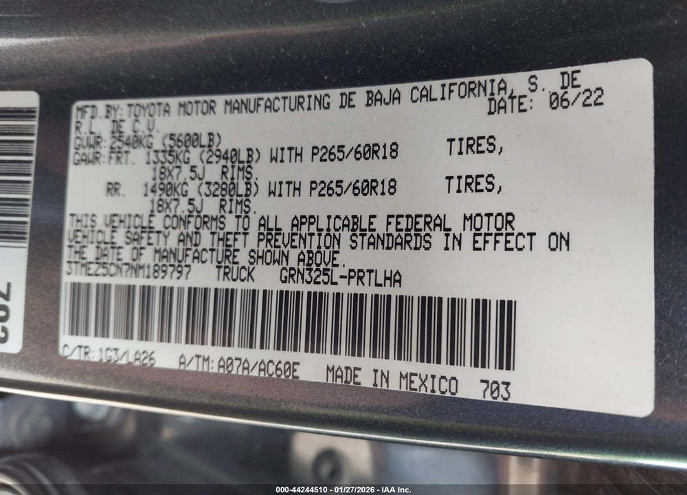 2022 TOYOTA TACOMA LIMITED VIN: 3TMEZ5CN7NM189797