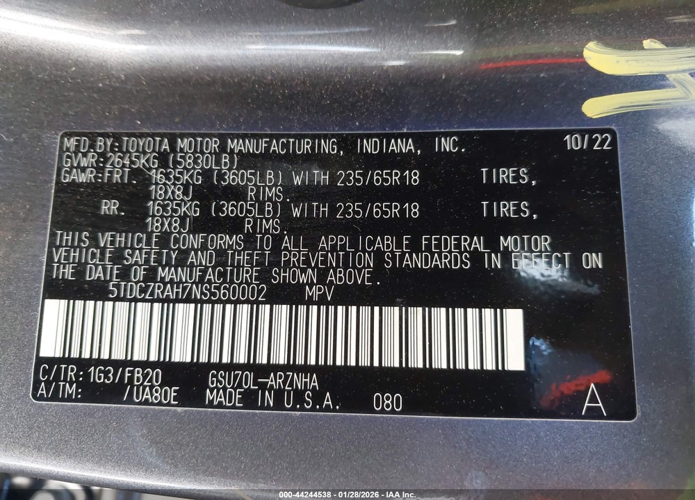 2022 TOYOTA HIGHLANDER L VIN: 5TDCZRAH7NS560002
