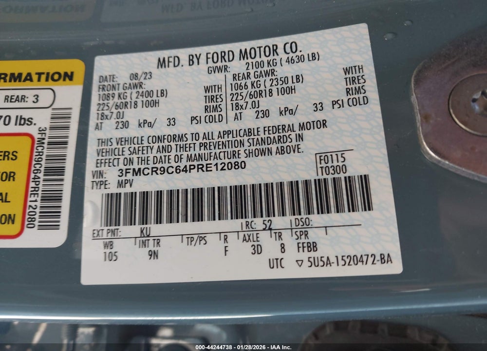 2023 FORD BRONCO SPORT OUTER BANKS VIN: 3FMCR9C64PRE12080