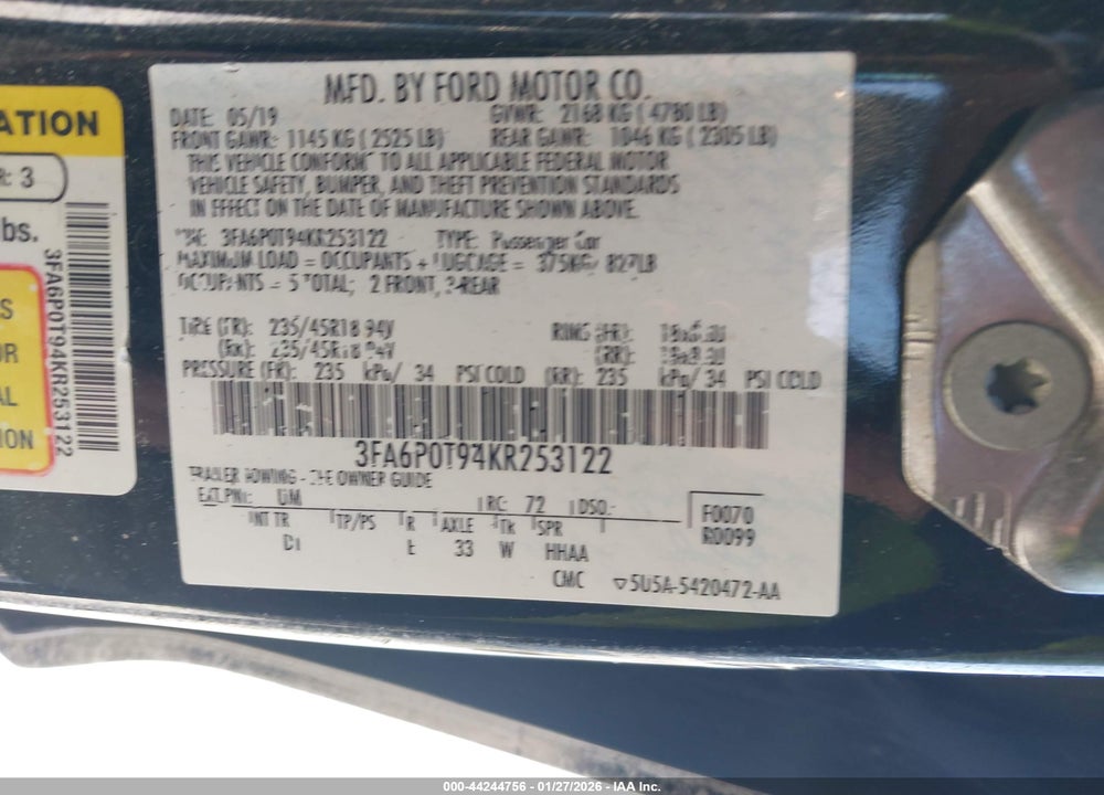 2019 FORD FUSION SE VIN: 3FA6P0T94KR253122