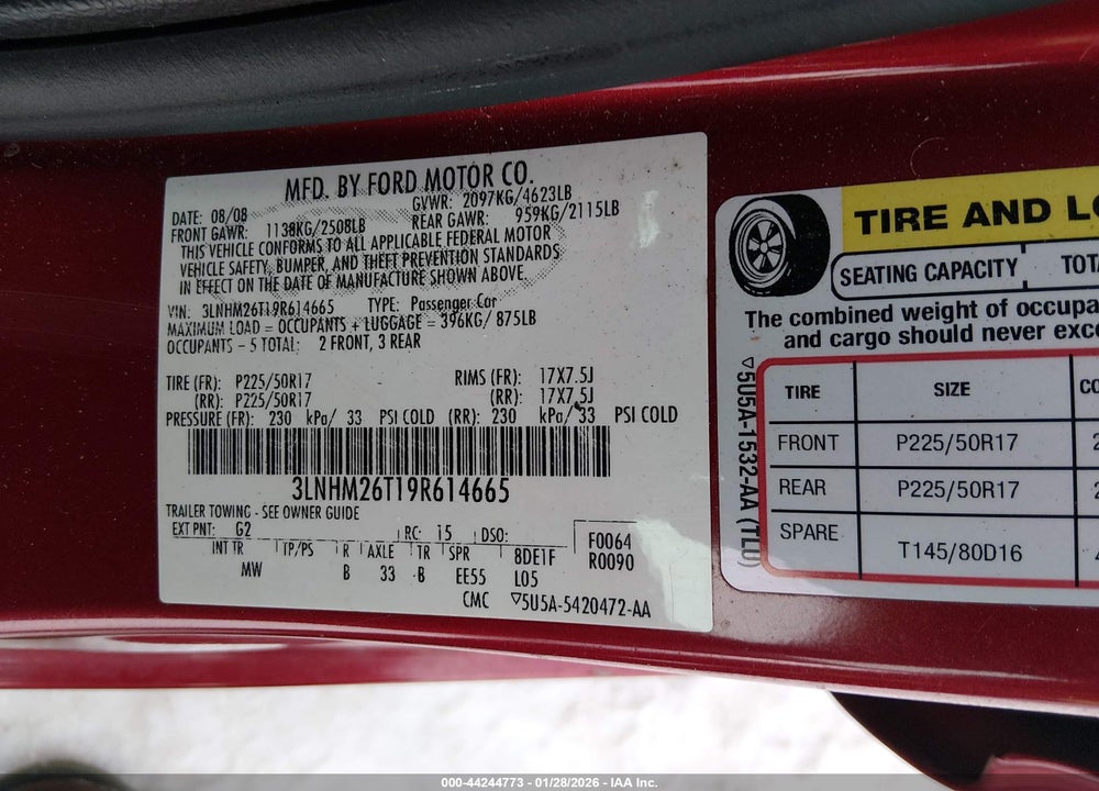 2009 LINCOLN MKZ VIN: 3LNHM26T19R614665