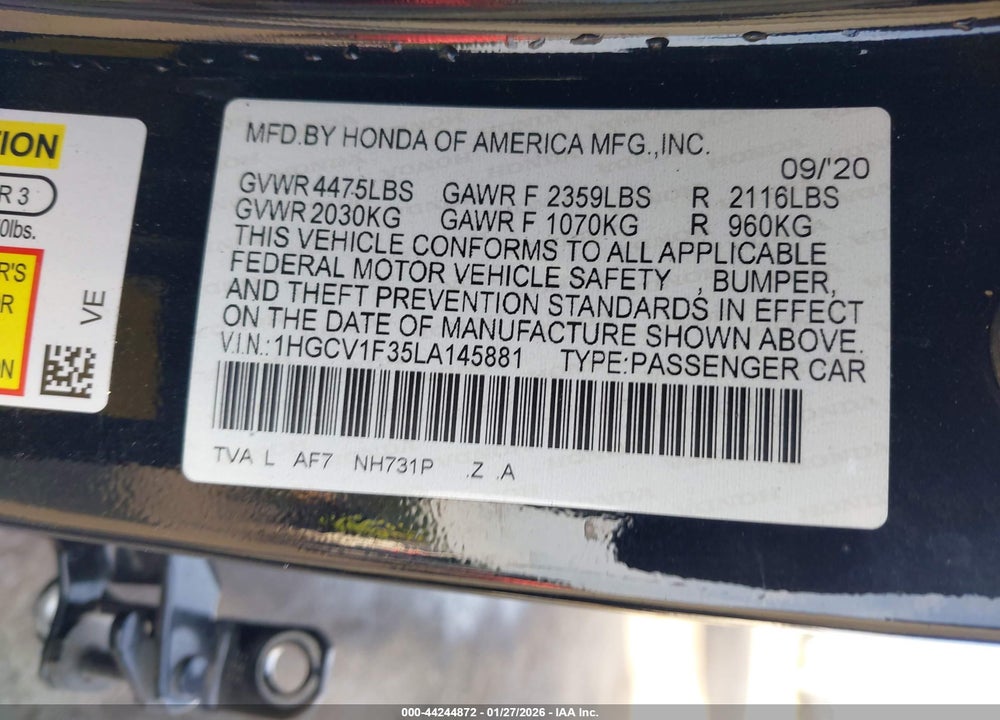 2020 HONDA ACCORD SPORT VIN: 1HGCV1F35LA145881