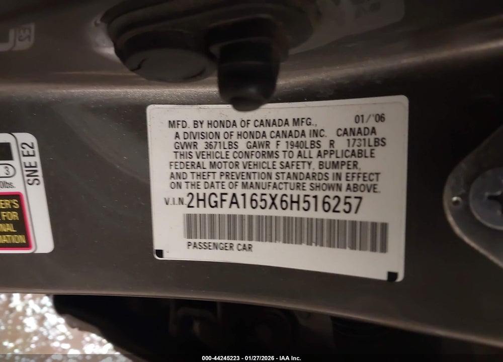 2006 HONDA CIVIC LX VIN: 2HGFA165X6H516257