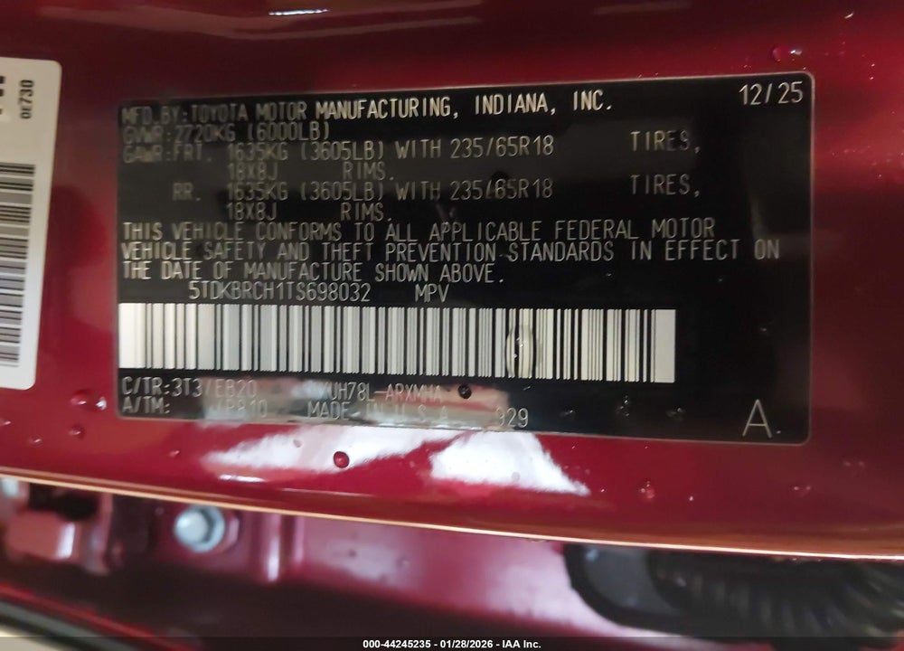 2026 TOYOTA HIGHLANDER HYBRID VIN: 5TDKBRCH1TS698032