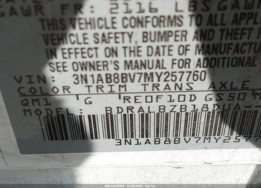2021 NISSAN SENTRA S XTRONIC CVT VIN: 3N1AB8BV7MY257760