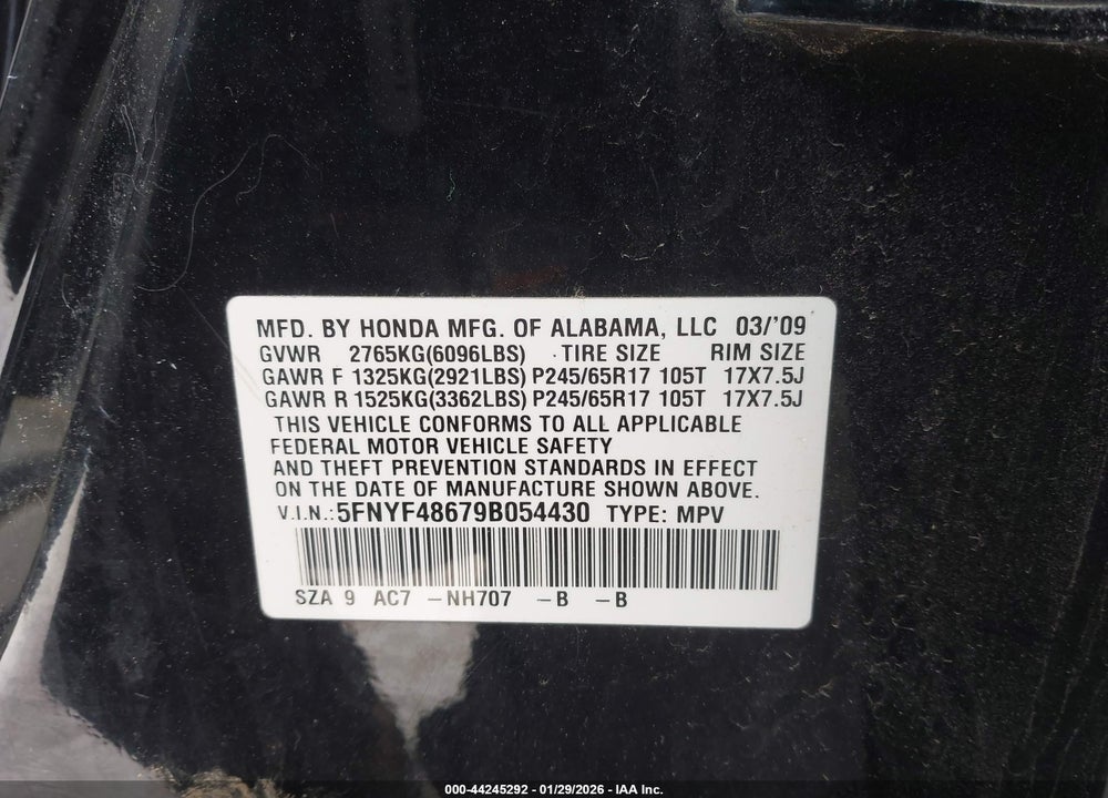 2009 HONDA PILOT EX-L VIN: 5FNYF48679B054430