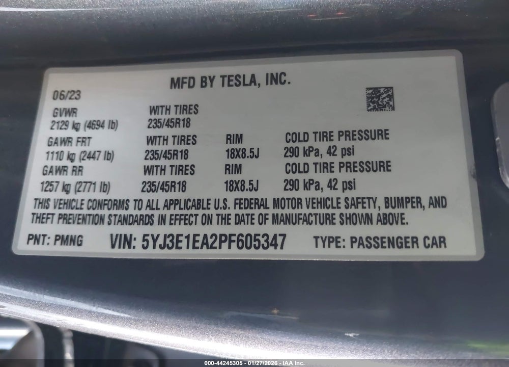 2023 TESLA MODEL 3 REAR-WHEEL DRIVE VIN: 5YJ3E1EA2PF605347