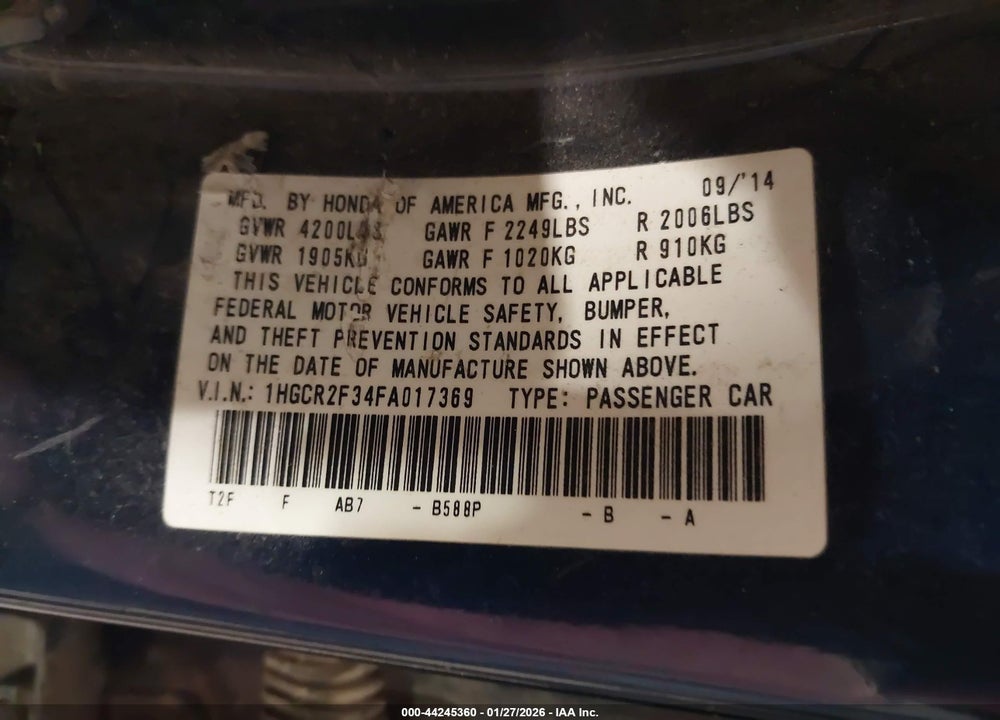 2015 HONDA ACCORD LX VIN: 1HGCR2F34FA017369