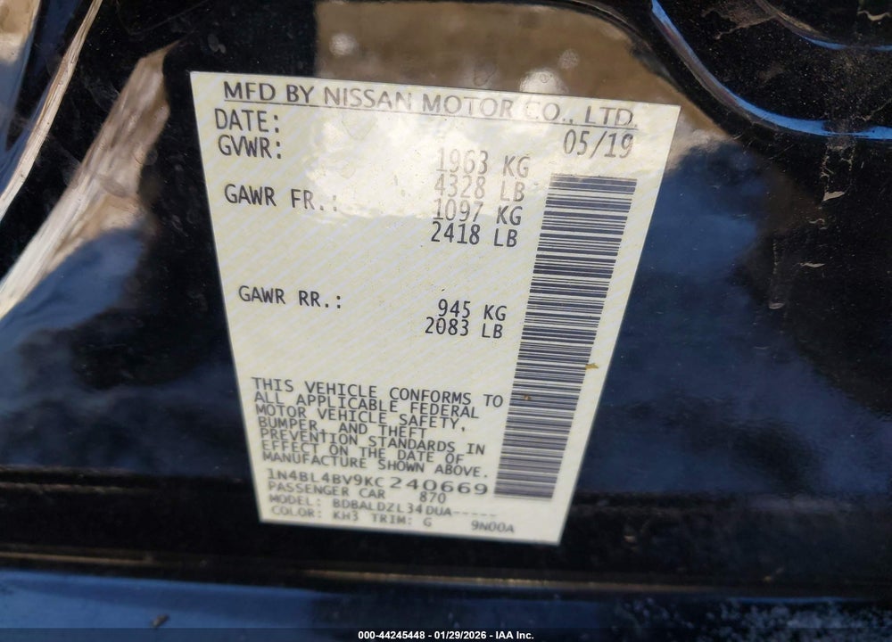 2019 NISSAN ALTIMA 2.5 S VIN: 1N4BL4BV9KC240669
