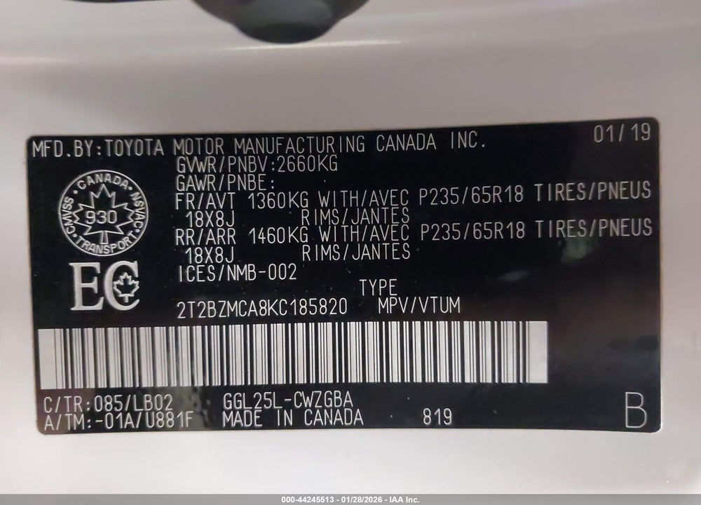 2019 LEXUS RX 350 VIN: 2T2BZMCA8KC185820