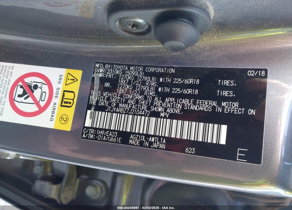 2018 LEXUS NX 300 VIN: JTJYARBZ7J2104472