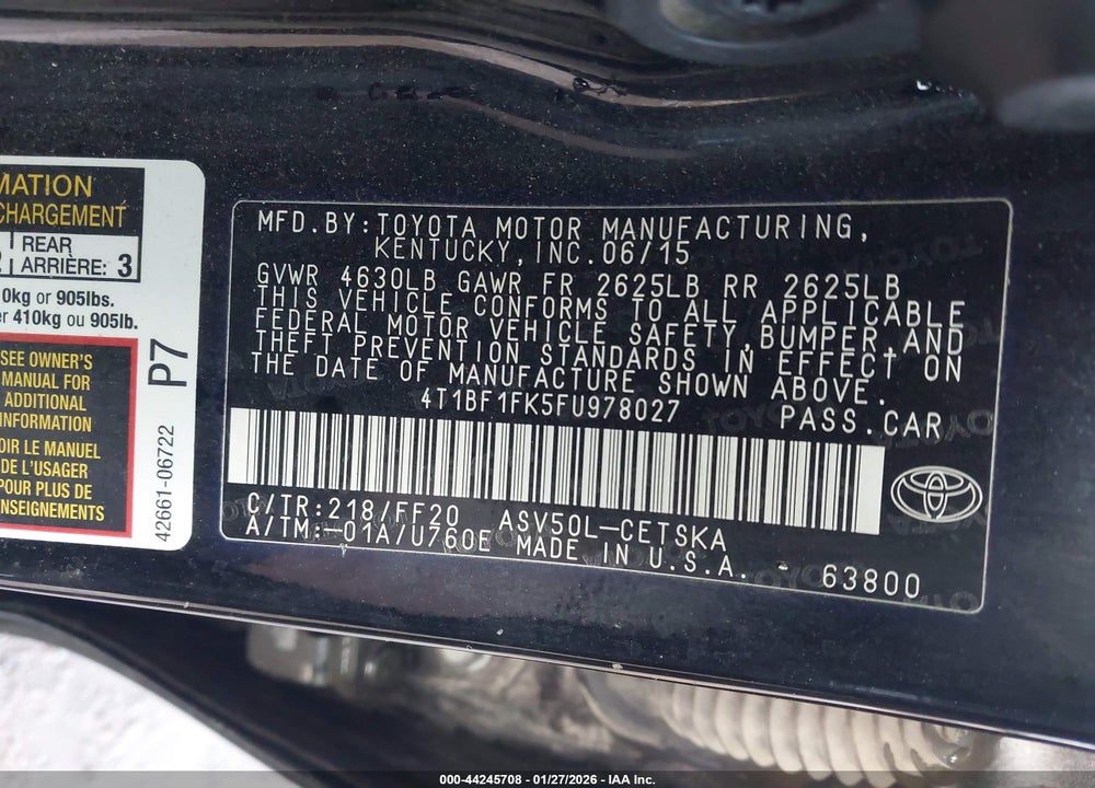 2015 TOYOTA CAMRY SE VIN: 4T1BF1FK5FU978027