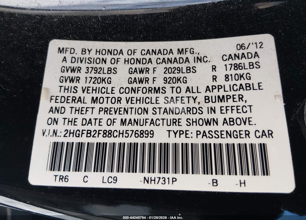 2012 HONDA CIVIC EX VIN: 2HGFB2F88CH576899