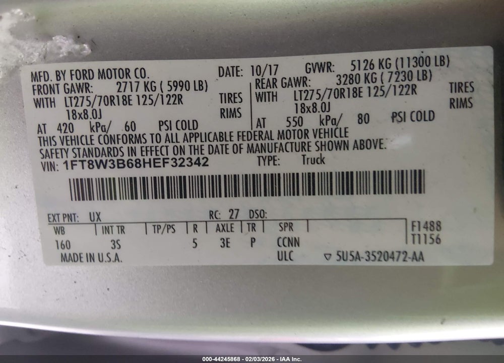 2017 FORD F-350 XLT VIN: 1FT8W3B68HEF32342