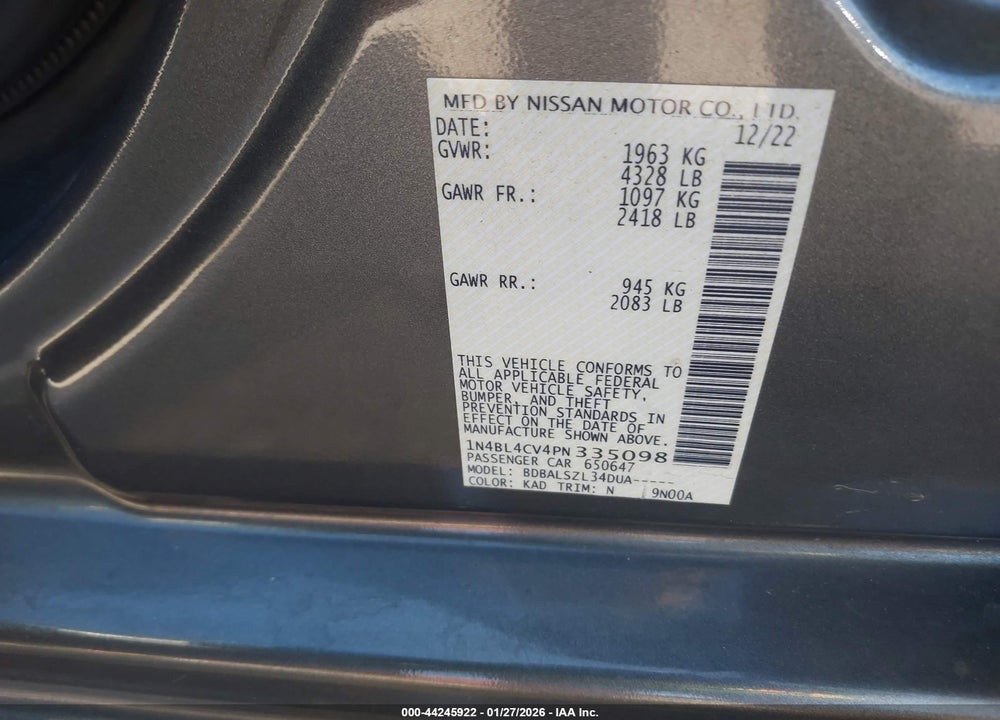 2023 NISSAN ALTIMA SR FWD VIN: 1N4BL4CV4PN335098