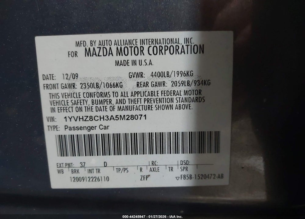 2010 MAZDA 6 I TOURING VIN: 1YVHZ8CH3A5M28071